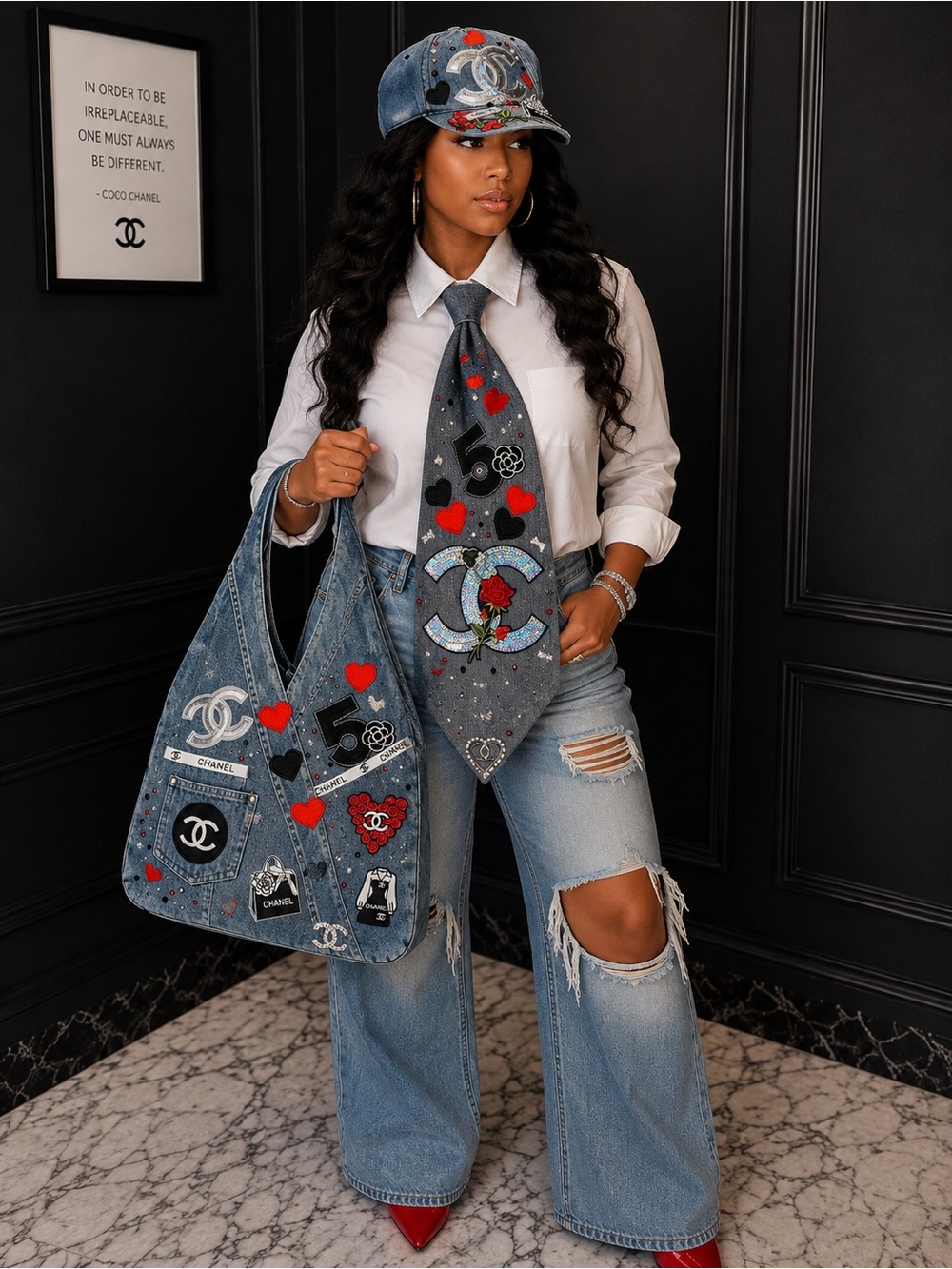 Set with Denim Junk Hat, XXL Denim Junk Necktie & Hobo bag